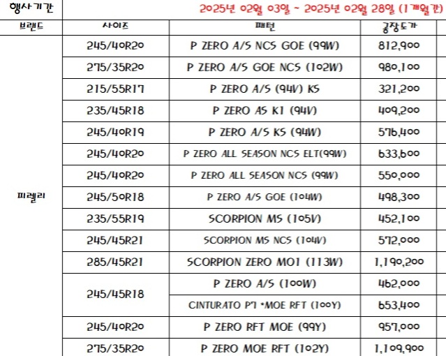 25년2월1일-2월28일 한달간 할인행사 진행합니다.</br>타이어 준비된 물량 소진시 조기종료합니다.</br>구매문의 및 추가 문의사항은 전화부탁드립니다.</br>  061 333 9297 입니다.